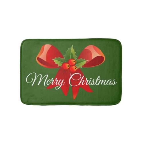 Classic Simple Merry Christmas Holly Bow Red Green Bath Mat