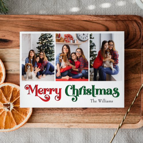 Classic Simple Merry Christmas Three Photo Holiday Card