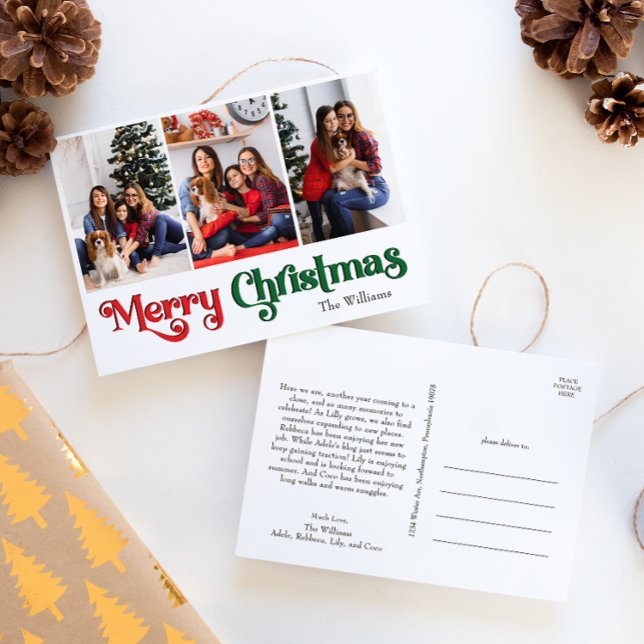 Classic Simple `Merry Christmas Three Photo Holiday Postcard (Creator Uploaded)