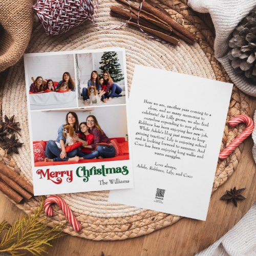 Classic Simple Merry Christmas Vertical 3 Photo Holiday Card