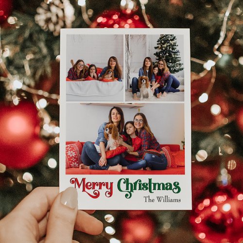 Classic Simple Merry Christmas Vertical 3 Photo Holiday Postcard