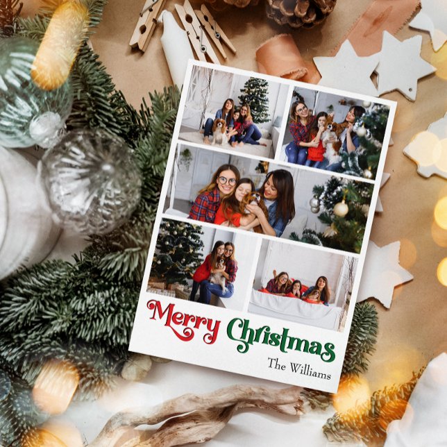 Classic Simple Merry Christmas Vertical Five Photo Holiday Card (Creator Uploaded)