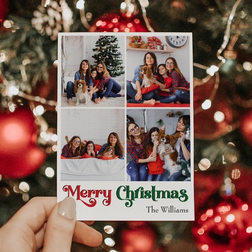 Classic Simple Merry Christmas Vertical Four Photo Holiday Card