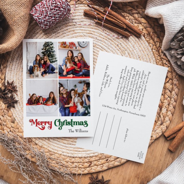 Classic Simple Merry Christmas Vertical Four Photo Holiday Postcard (Creator Uploaded)