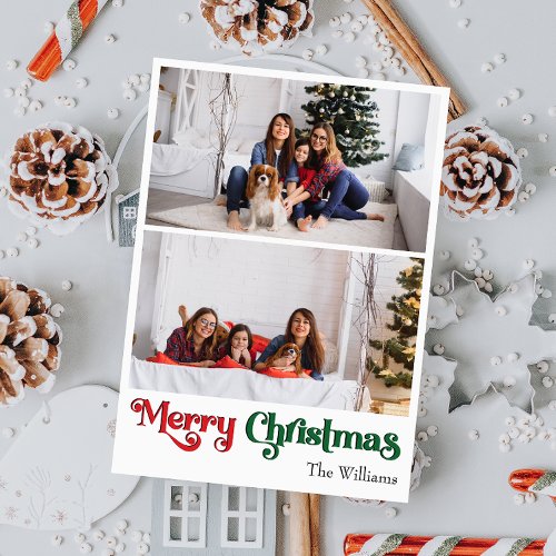 Classic Simple Merry Christmas Vertical Two Photo Holiday Card