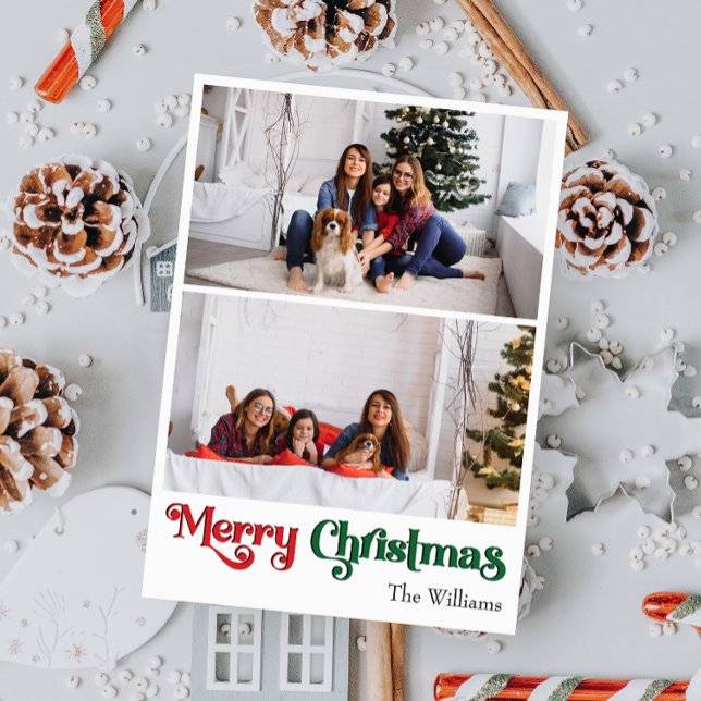 Classic Simple Merry Christmas Vertical Two Photo Holiday Card (Creator Uploaded)