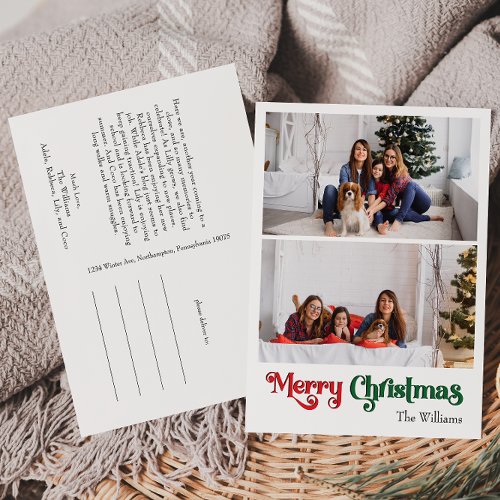 Classic Simple Merry Christmas Vertical Two Photo Holiday Postcard