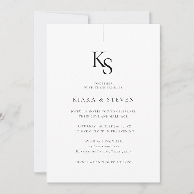 Classic Simple Monogram | Black And White Wedding Invitation (Front)