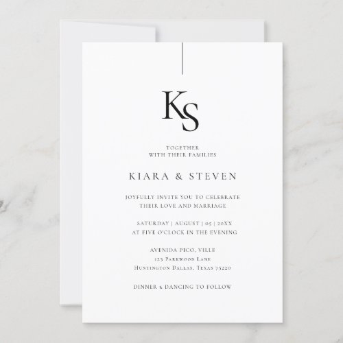 Classic Simple Monogram  Black And White Wedding Invitation