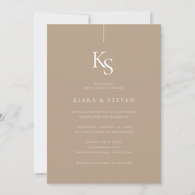 Classic Simple Monogram | Pale Taupe Wedding Invitation (Front)