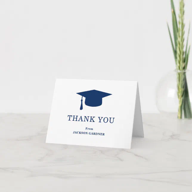 Classic Simple Mortar Board Navy Blue Graduation Thank You Card | Zazzle