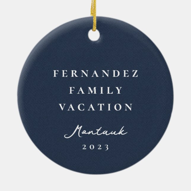 Classic simple navy herringbone personalized photo ceramic ornament (Back)