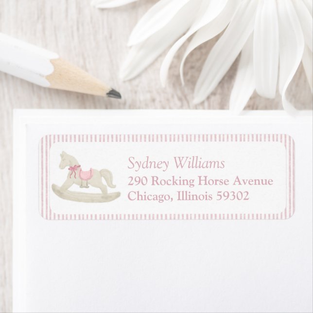 Classic Simple Pink Rocking Horse Girl Baby Shower Label (Insitu)