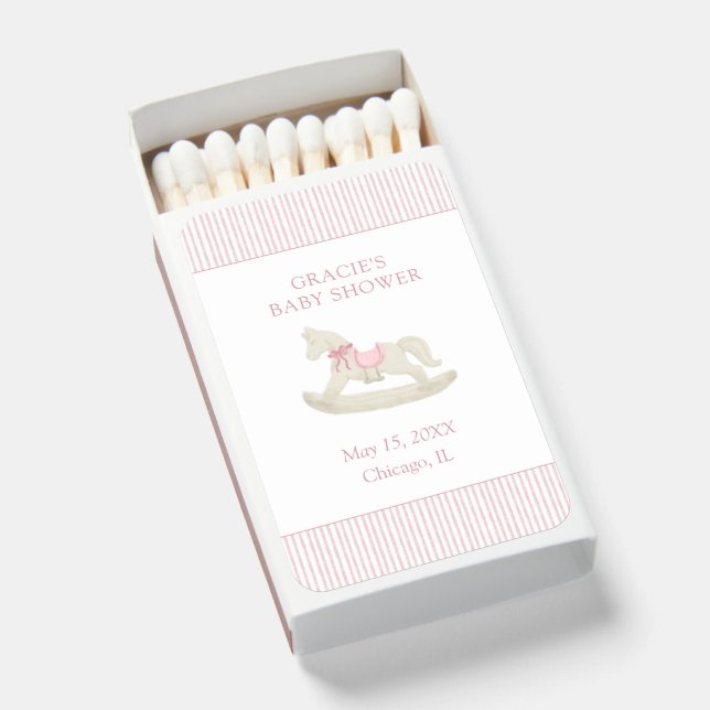 Classic Simple Pink Rocking Horse Girl Baby Shower Matchboxes (Front Open)