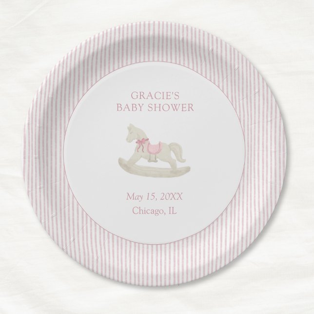 Classic Simple Pink Rocking Horse Girl Baby Shower Paper Plates (Creator Uploaded)