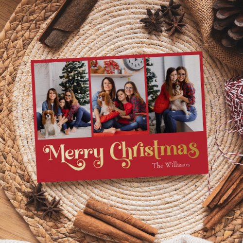 Classic Simple Red 3 photo Merry Christmas Gold Foil Holiday Card