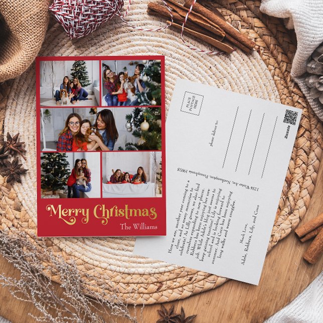 Classic Simple Red Five Photo Merry Christmas Gold Foil Holiday Postcard (Creator Uploaded)