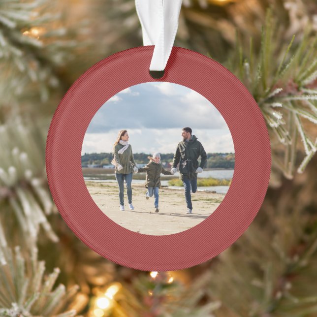 Classic simple red herringbone personalized photo ornament (Tree)