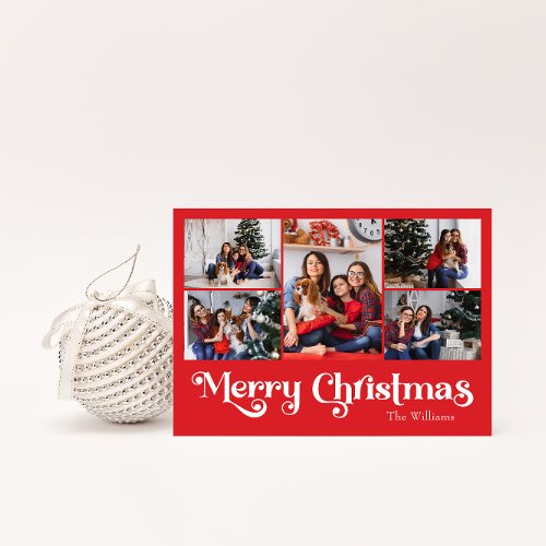 Classic Simple Red Merry Christmas Five Photo Holiday Postcard