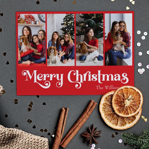 Classic Simple Red Merry Christmas Four Photo Holiday Card