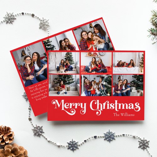Classic Simple Red Merry Christmas Nine Photo Holiday Card