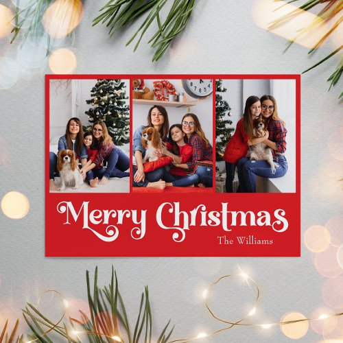 Classic Simple Red Merry Christmas Three Photo Holiday Card