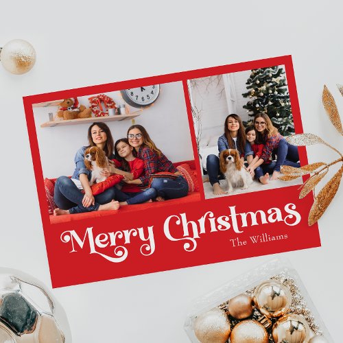 Classic Simple Red Merry Christmas Two Photo Holiday Postcard