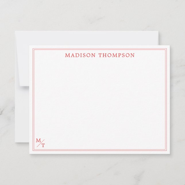 Classic Simple Red Monogram Border Note Card (Front)