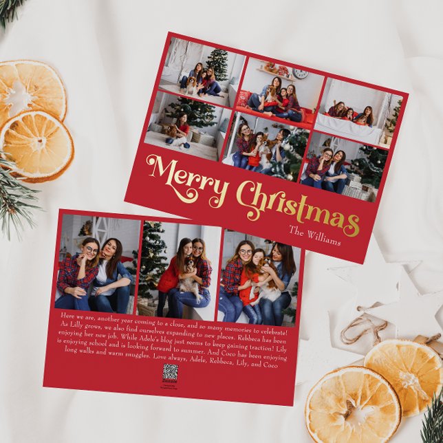 Classic Simple Red Nine-Photo Merry Christmas Gold Foil Holiday Card (Creator Uploaded)