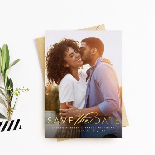 Classic simple save the date one photo foil invitation