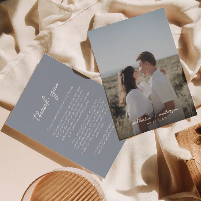 Classic Simple Script Dusty Blue Photo Wedding Thank You Card | Zazzle