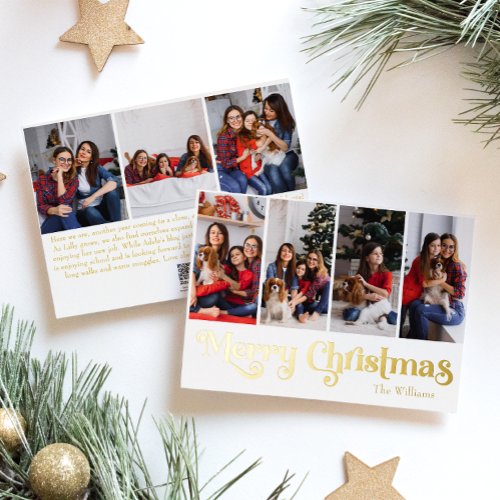 Classic Simple Seven Photo Merry Christmas Gold Foil Holiday Card