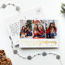 Classic Simple Three Photo Merry Christmas Gold Foil Holiday Postcard