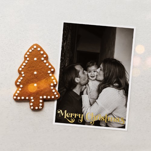 Classic Simple Vertical Photo Merry Christmas Gold Foil Holiday Card