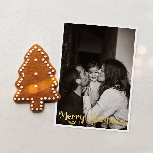 Classic Simple Vertical Photo Merry Christmas Gold Foil Holiday Card (Creator Uploaded)