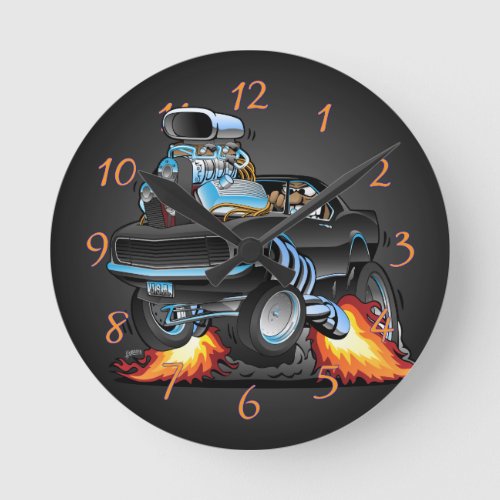 Classic Sixties American Muscle Car Cartoon Round Clock