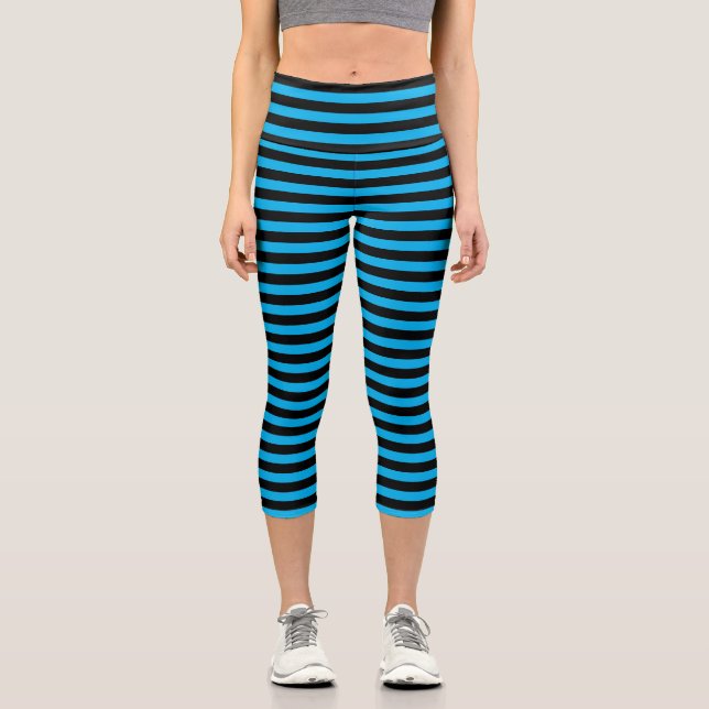 Classic Sky Blue and Black Striped  Capri Leggings (Front)
