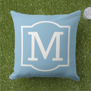 Classic Sky Blue White Bracket Monogram Outdoor Pillow