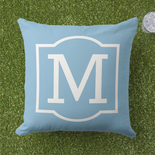 Classic Sky Blue White Bracket Monogram Outdoor Pillow (Grass)