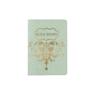 CLASSIC SKY PALE BLUE GOLD FELT DAMASK MONOGRAM PASSPORT HOLDER