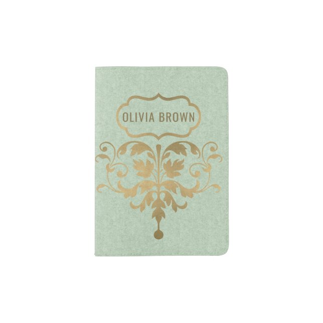 CLASSIC SKY PALE  BLUE GOLD FELT DAMASK MONOGRAM PASSPORT HOLDER (Front)