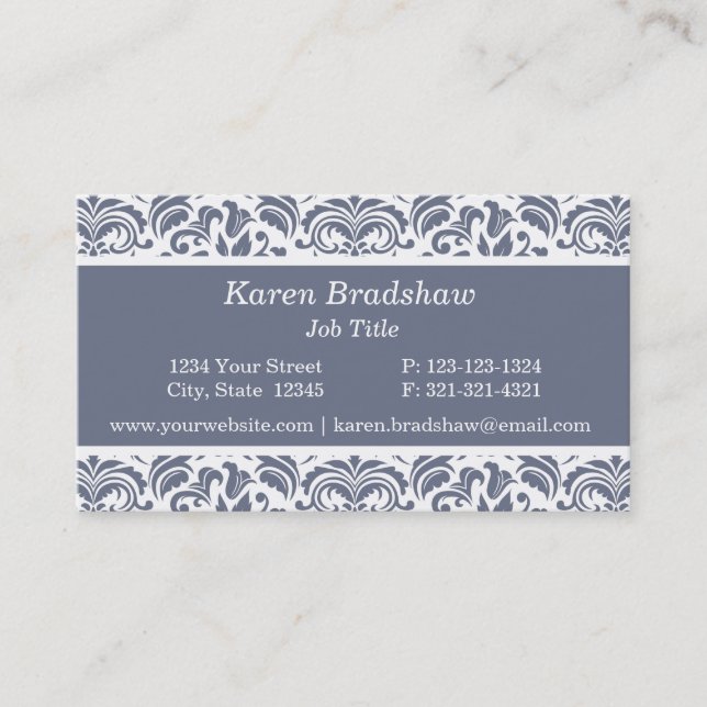 Classic Slate Gray Floral Damask Business Cards (Front)
