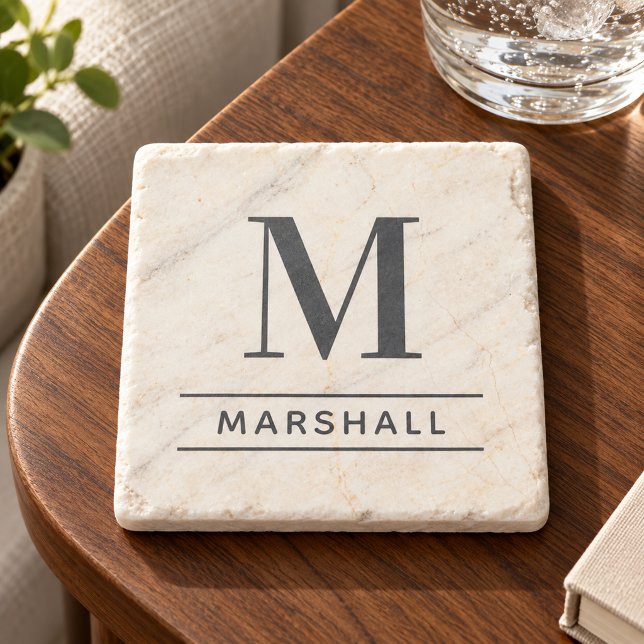 Classic Slate Gray Serif Monogram Name Stone Coaster (Creator Uploaded)