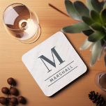 Classic Slate Personalized Family Monogram Initial Beverage Coaster<br><div class="desc">Classic and modern personalized beverage drink coaster design features an masculine yet elegant custom serif monogram initial along with your family's last name accented with simple horizontal stripes against a white marble patterned background. Slate blue gray text and design colors can be modified to perfectly coordinate with your home decor....</div>