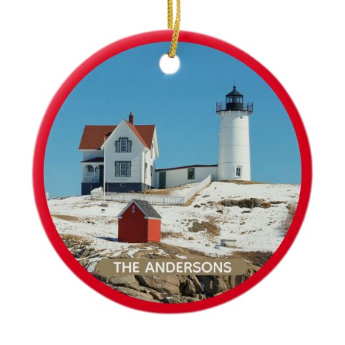 Classic Snow Covered Nubble Lighthouse Ceramic Ornament