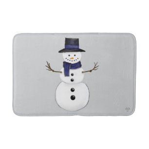 Classic Snowman with Dark Blue Scarf on Grey Bath Mat