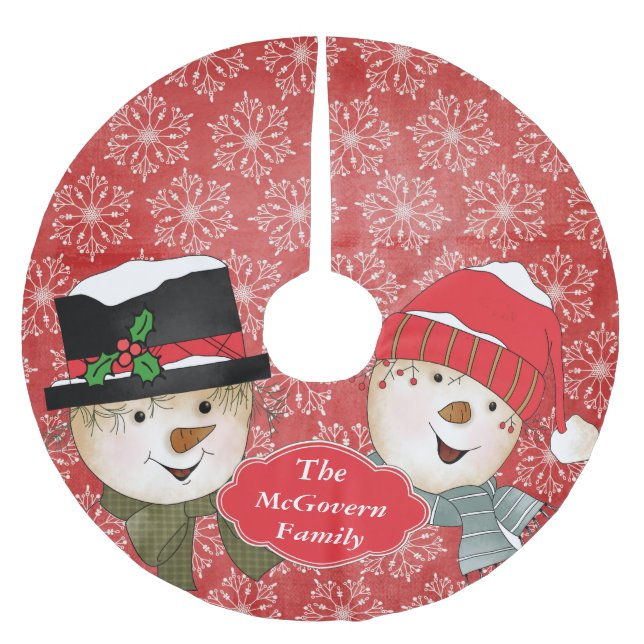 Classic Snowmen on Red Snowflakes Tree Skirt (Front)