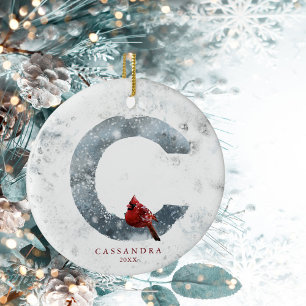 Classic Snowy Christmas Winter Scene Monogram C Ceramic Ornament