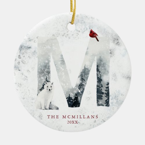 Classic Snowy Christmas Winter Scene Monogram M Ceramic Ornament