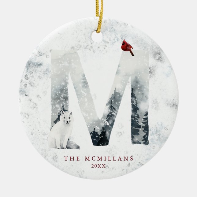 Classic Snowy Christmas Winter Scene Monogram M Ceramic Ornament (Front)